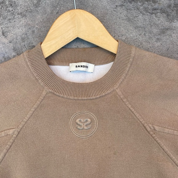 Sandro Tan and Cream Knit Sweater Knitted Logo Sweatshirt Cotton - Picture 8 of 8